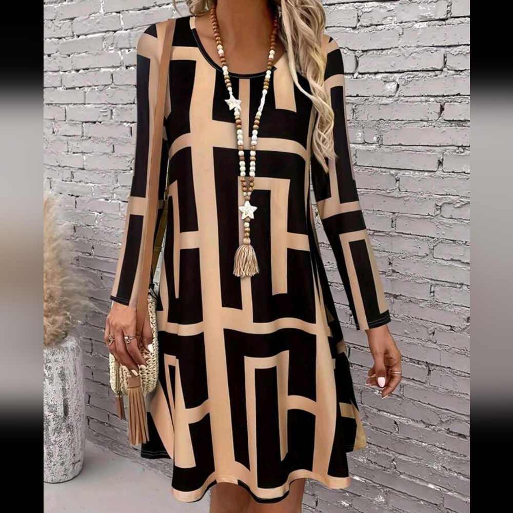 Autumn New Arrival Geometric Pattern Long Sleeve Dress - Picture 1 of 3